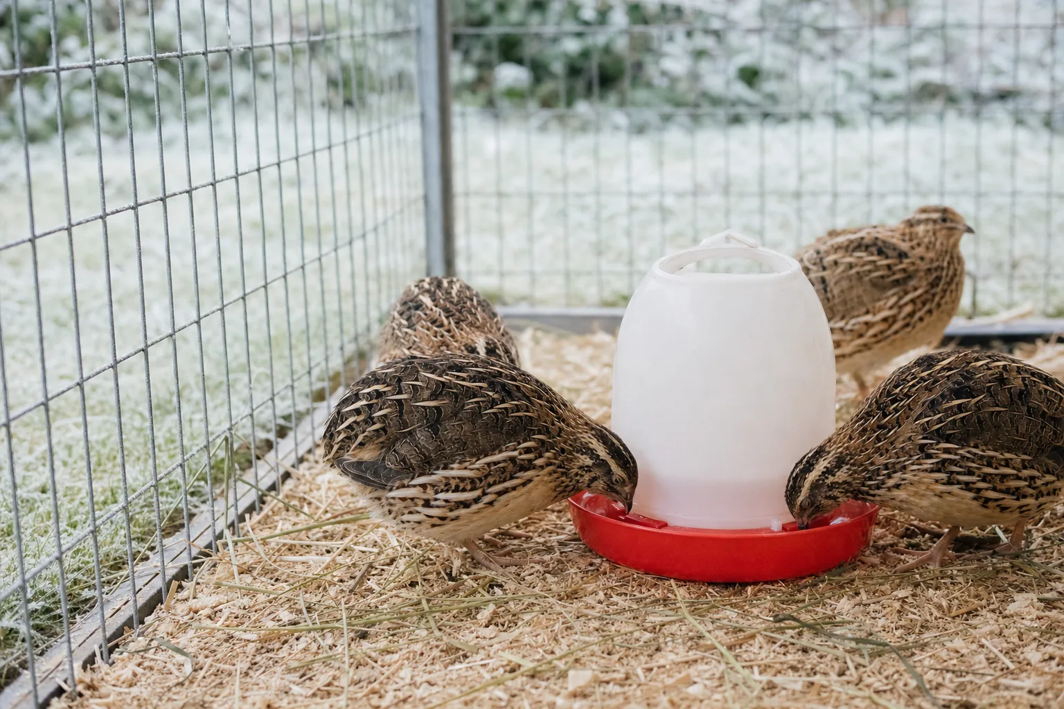 Adult coturnix quail gathered around a plain gravity drinker on a wire cage floor in soft morning light.