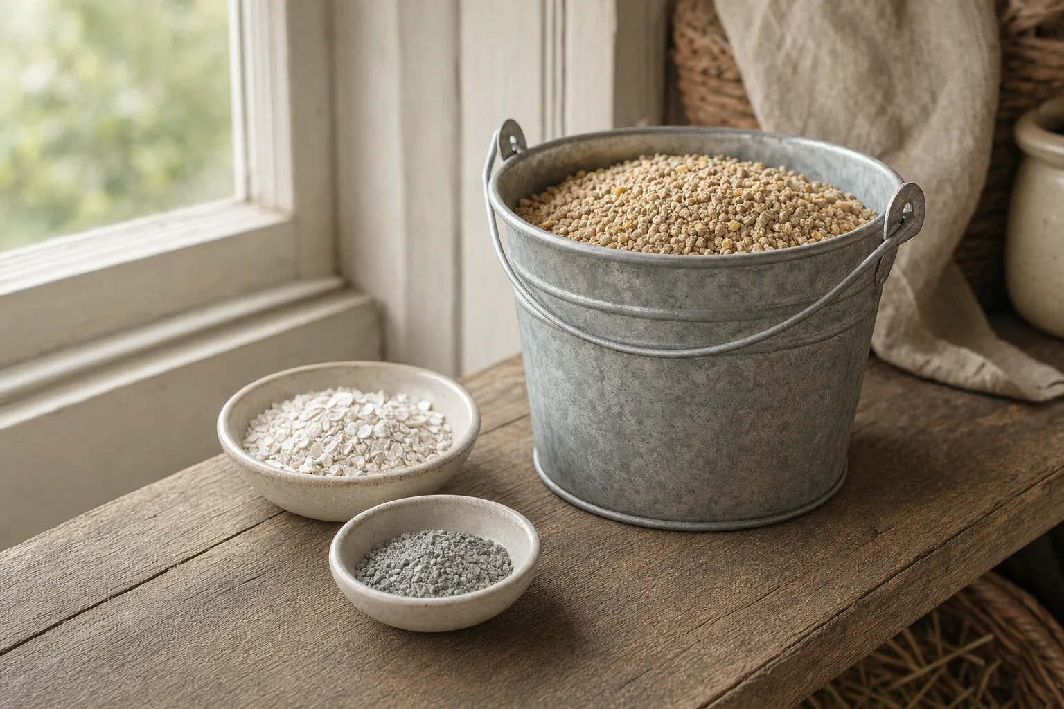 A scoop of game bird crumble in a galvanised bucket beside small unmarked dishes of oyster shell and granite grit on a rustic shelf.