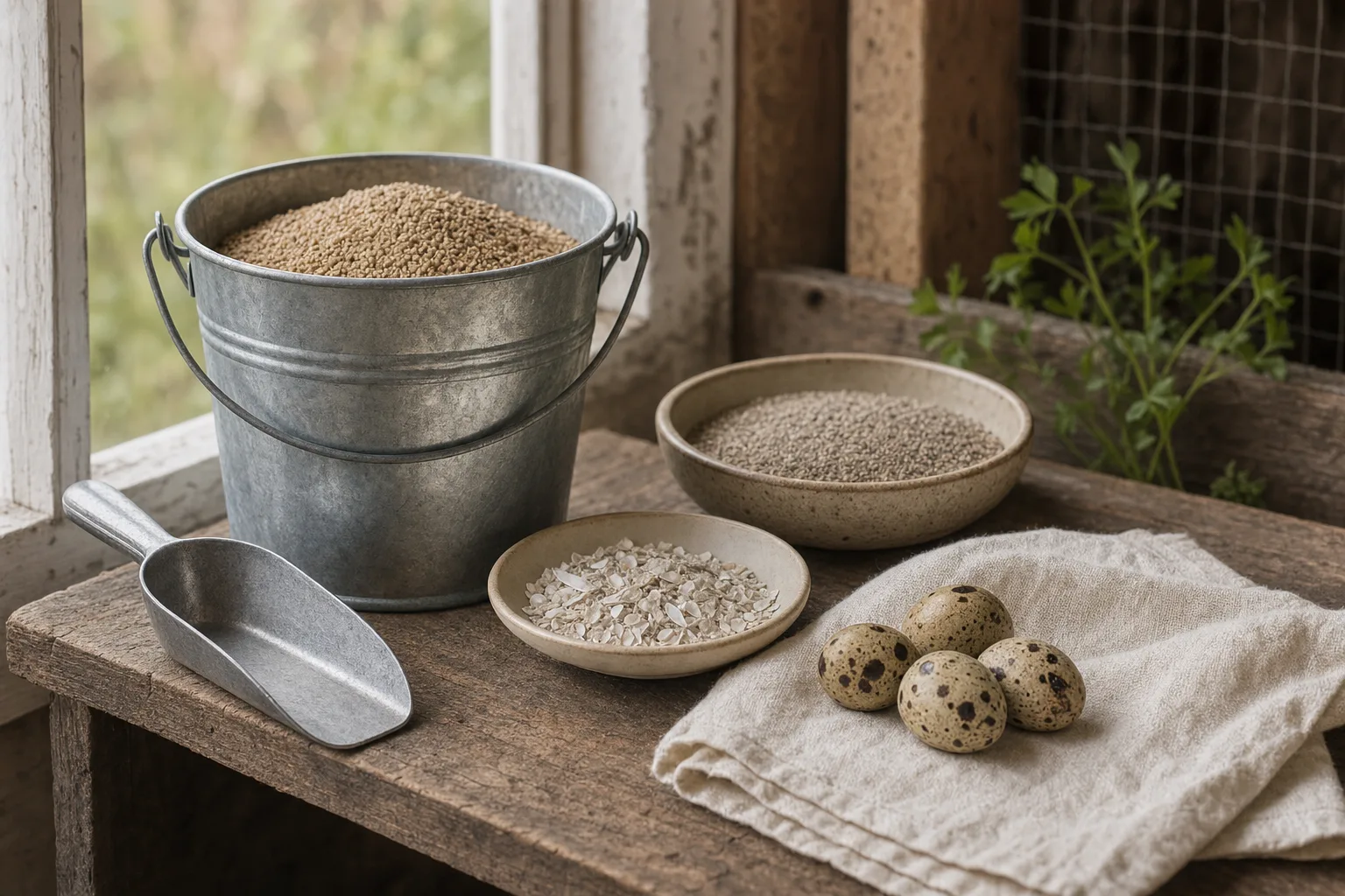A bucket of fine game-bird crumble with a scoop, dishes of oyster shell and grit, and a few speckled quail eggs on a rustic wooden shelf.