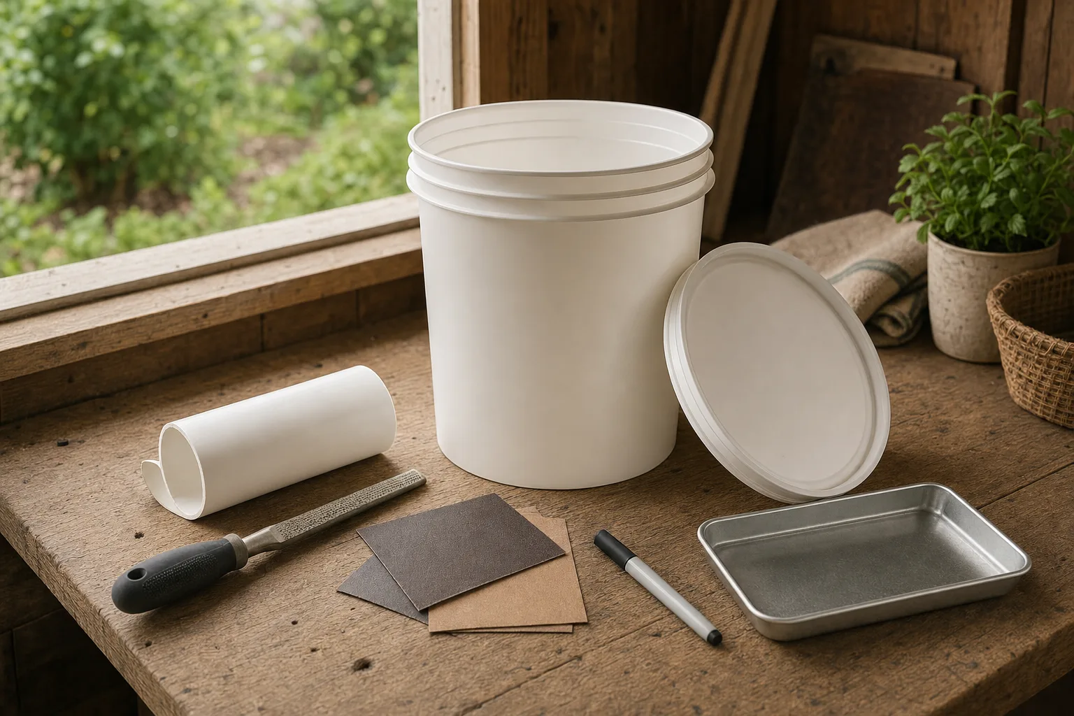 A tidy workbench set up for a homemade quail feeder build, showing a clean food-safe bucket, a plain PVC pipe, sandpaper, a marker, and a small metal catch tray in soft morning light.