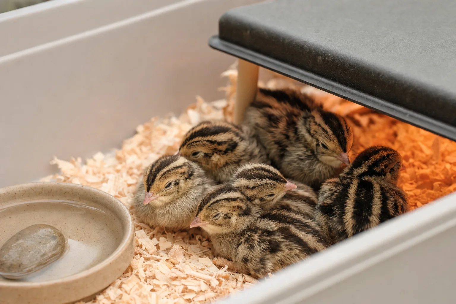 Quail chicks tucked under a radiant heat plate in a paper-lined tub brooder