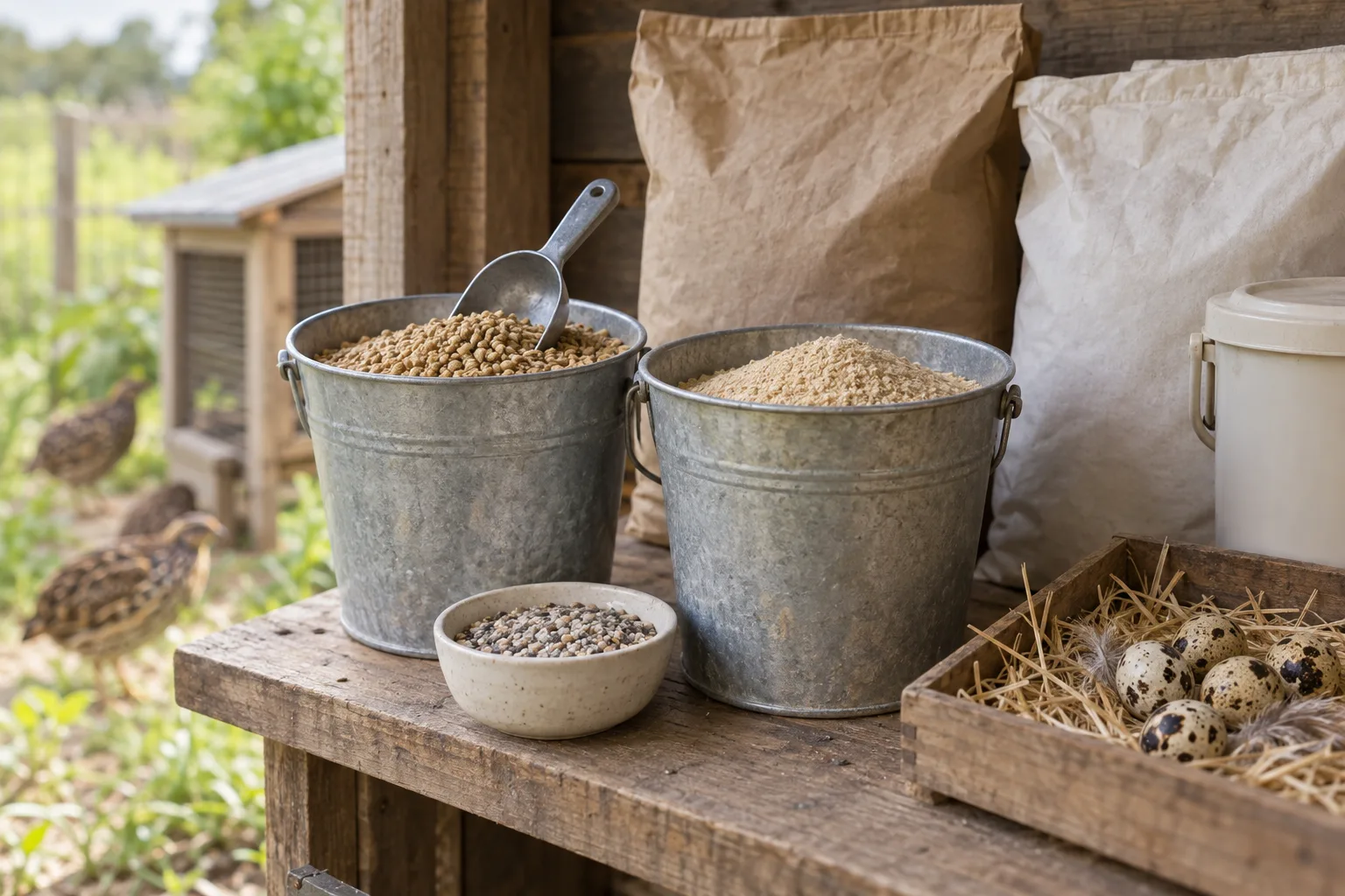 A galvanised bucket of game-bird crumble feed beside a plain dish of grit and a few speckled quail eggs on a rustic wooden shelf.