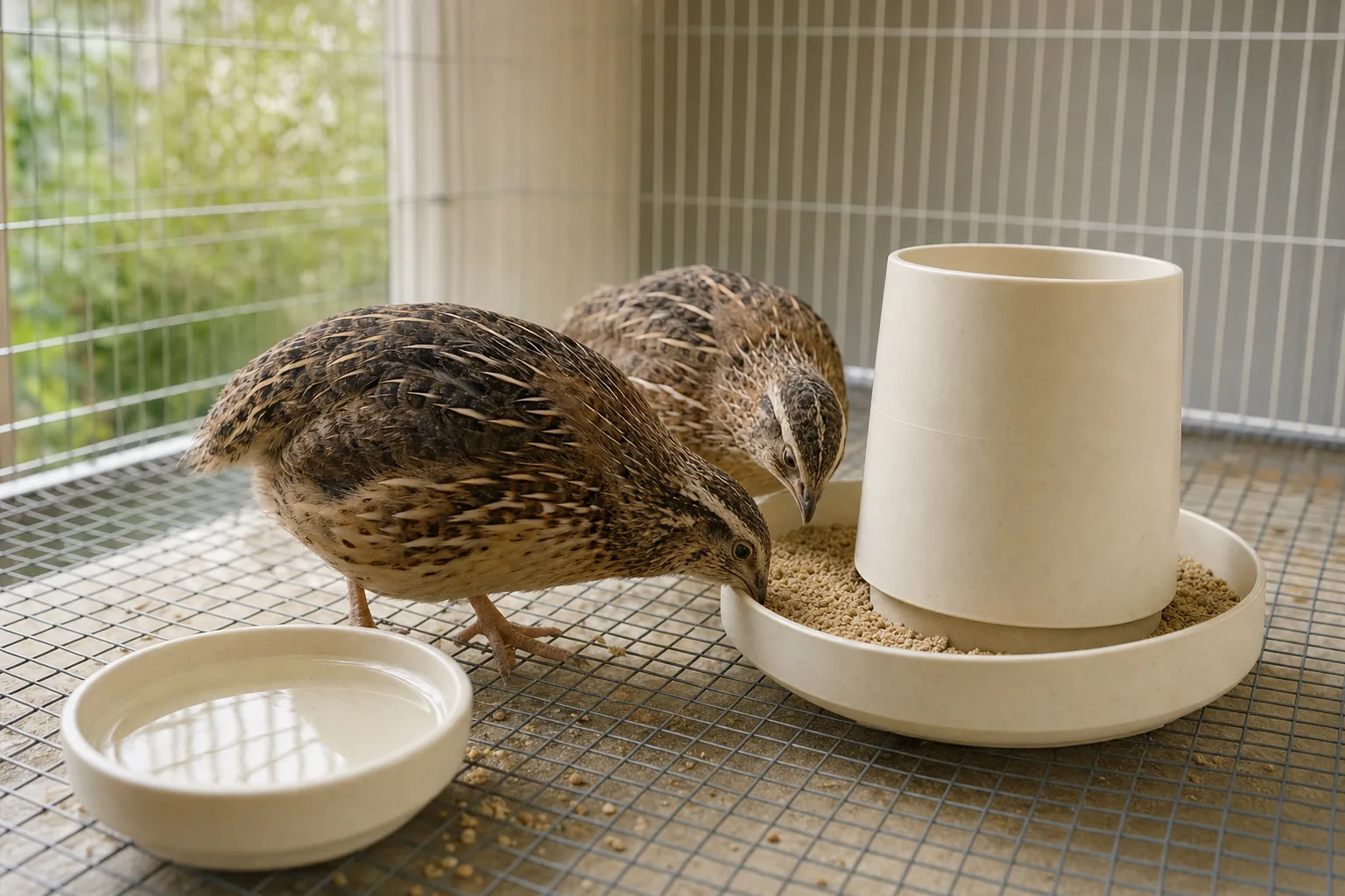 Two plump adult coturnix quail pecking game-bird crumble from a plain off-white feeder set on the wire floor of a clean backyard quail cage.