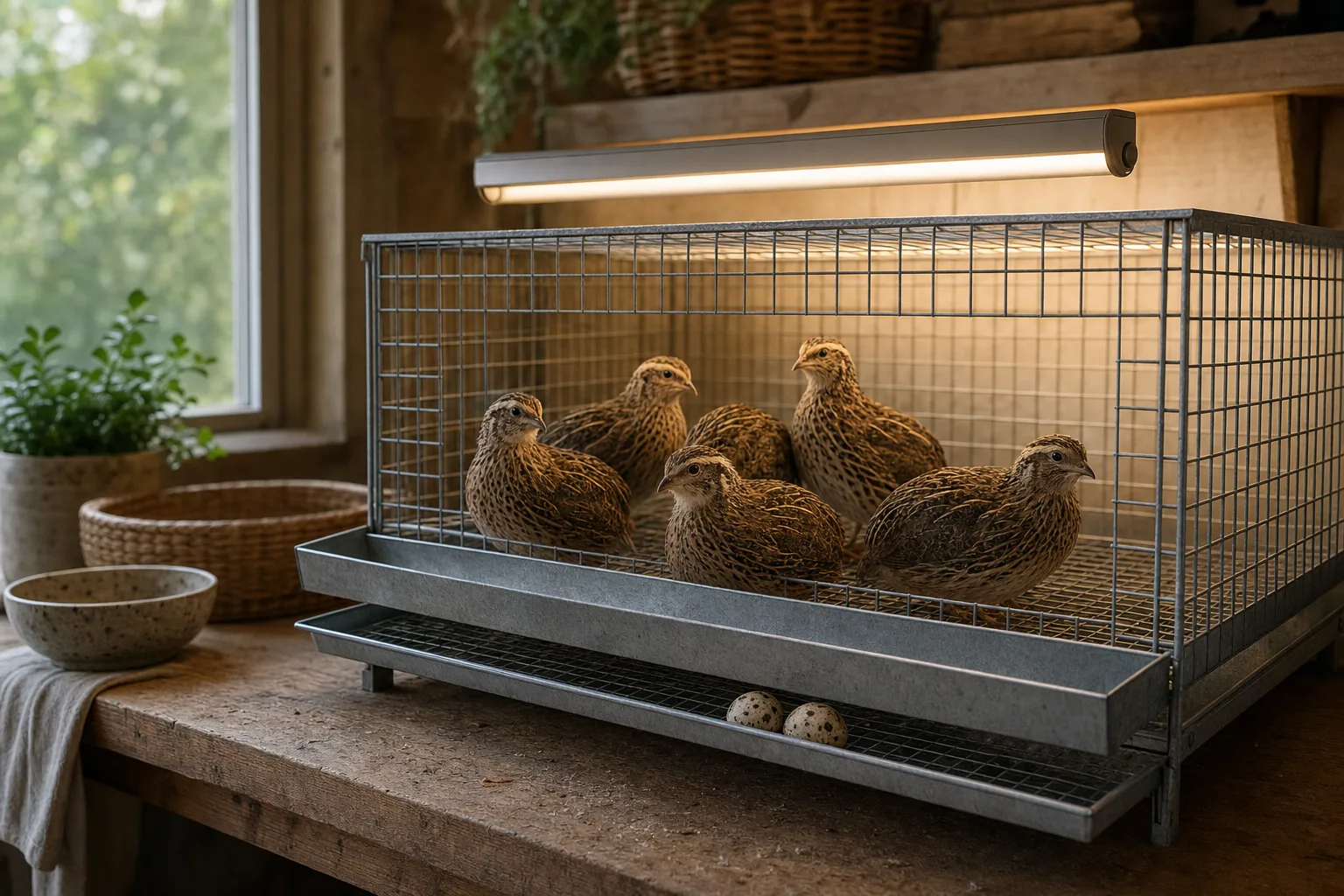 A tidy shed with a plain wire quail cage lit by soft window light and a gentle unmarked lamp above it, with adult coturnix quail and two speckled eggs in the front tray.
