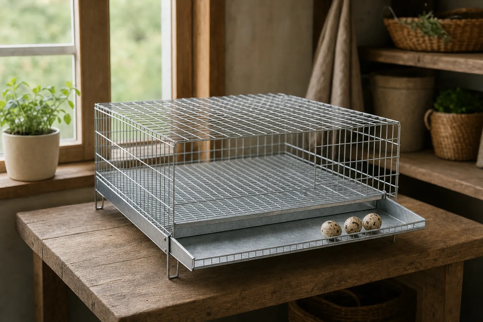 A plain galvanised wire quail cage on a wooden bench in a tidy shed, with three speckled quail eggs resting in a front collection tray.