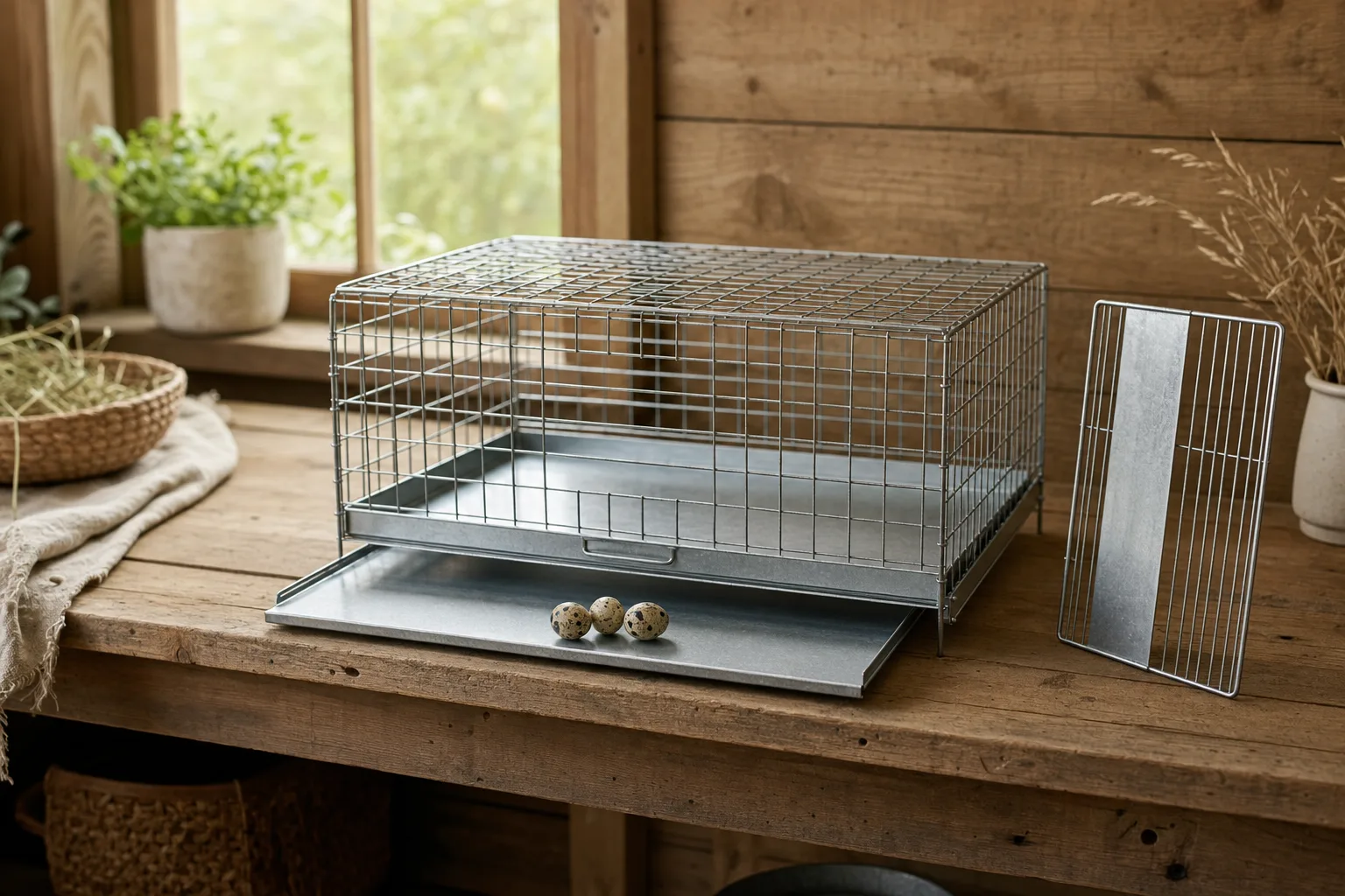 A plain wire breeding cage on a wooden bench in a backyard shed, with a removable divider leaning beside it and three freshly collected speckled quail eggs in the front roll-out tray.