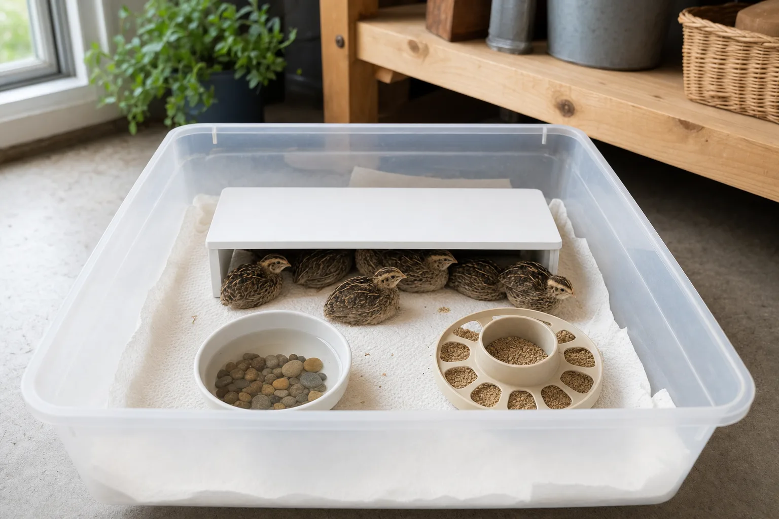 Brown-speckled quail chicks gathered under a flat radiant heat plate inside a paper-lined clear storage-tub brooder with a pebble waterer and low feeder.