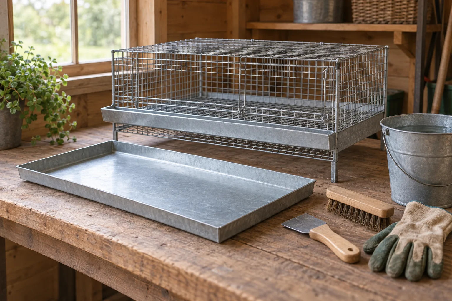 A plain galvanised wire quail cage on a wooden shed bench with its empty removable metal tray pulled out beside a scraper, stiff brush, work gloves, and a bucket of water.