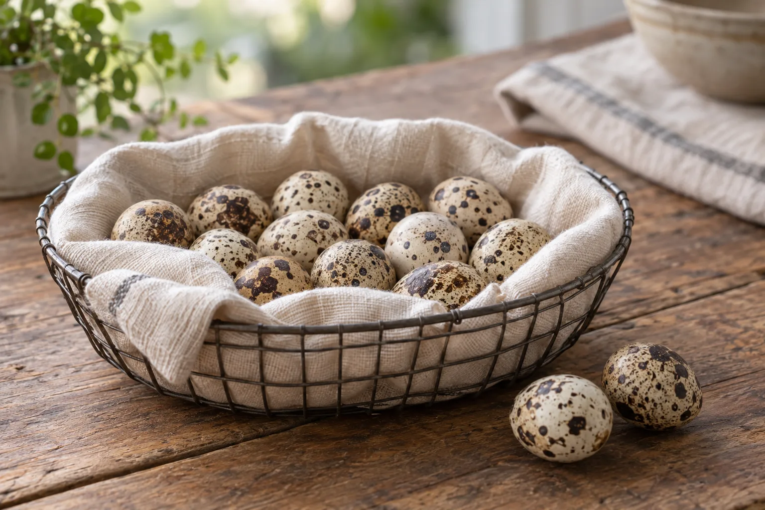 A shallow unbranded wire basket lined with cloth, holding a single layer of small speckled quail eggs on a wooden kitchen table in morning light.