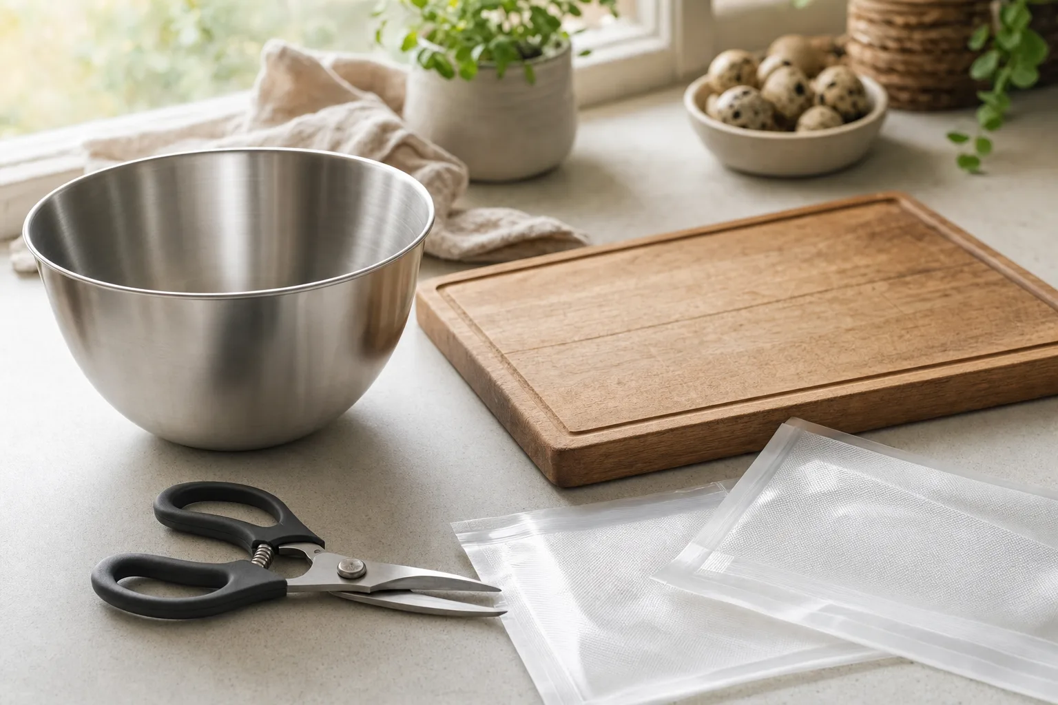 A clean kitchen counter with a stainless steel bowl, a wooden cutting board, kitchen shears and a vacuum-seal bag, neatly arranged.
