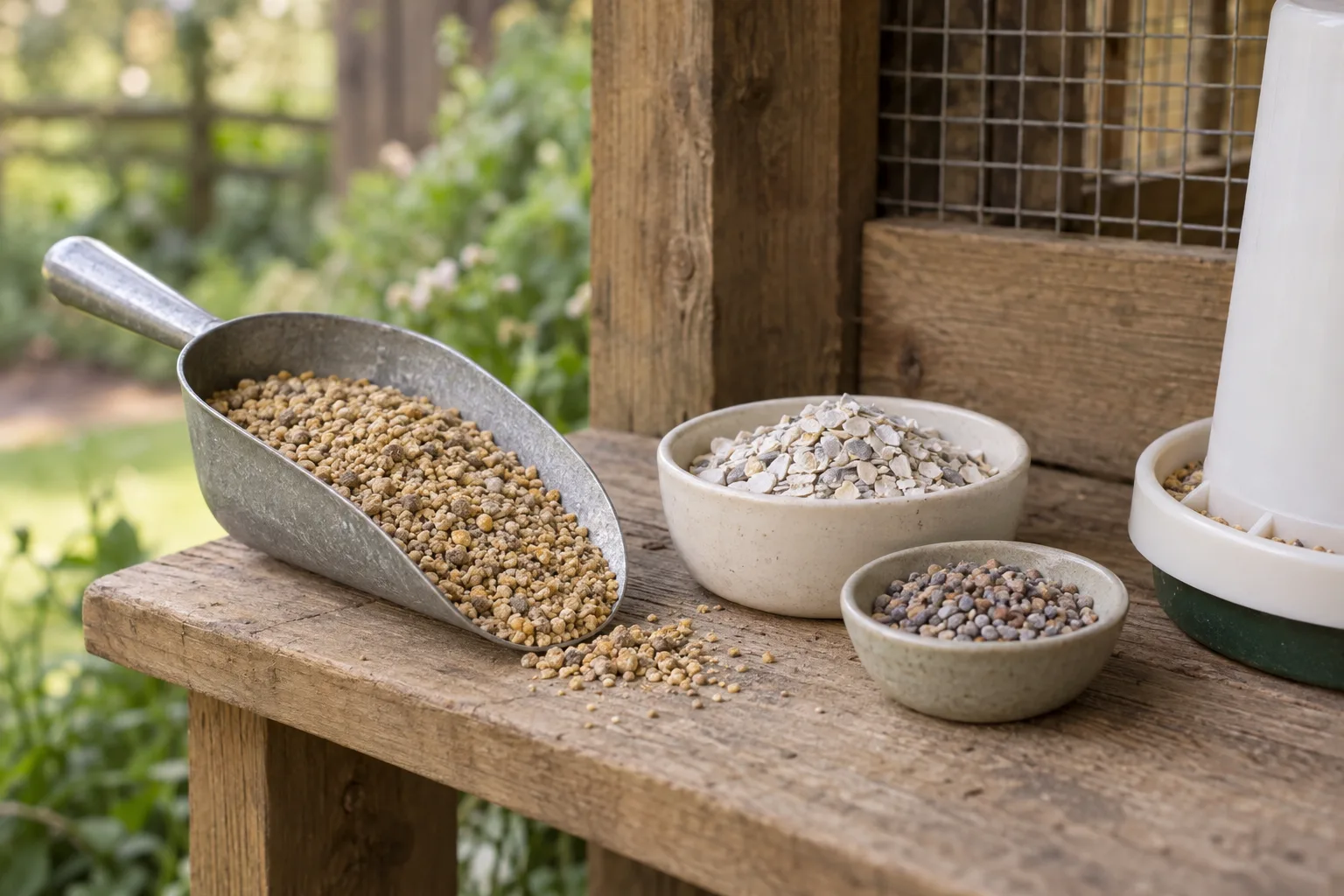 A galvanised scoop of game-bird crumble on a rustic shelf beside small plain dishes of oyster shell and grit.