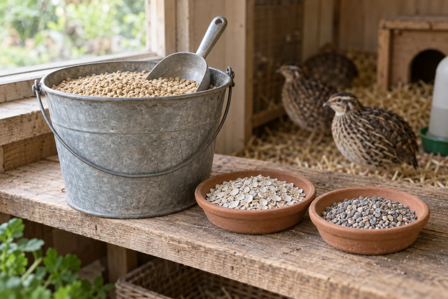 Small plain dishes of crushed oyster shell and coarser grit sit separately on a rustic shelf beside a galvanised bucket holding a scoop of game bird crumble.