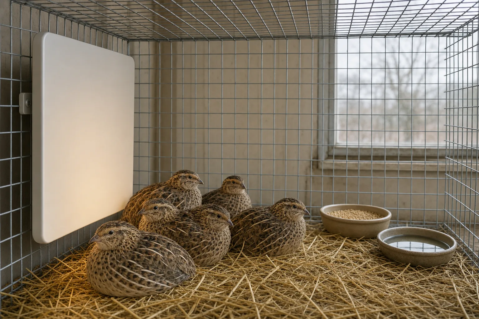 Adult Coturnix quail cage with a generic radiant panel in a dry winter shelter