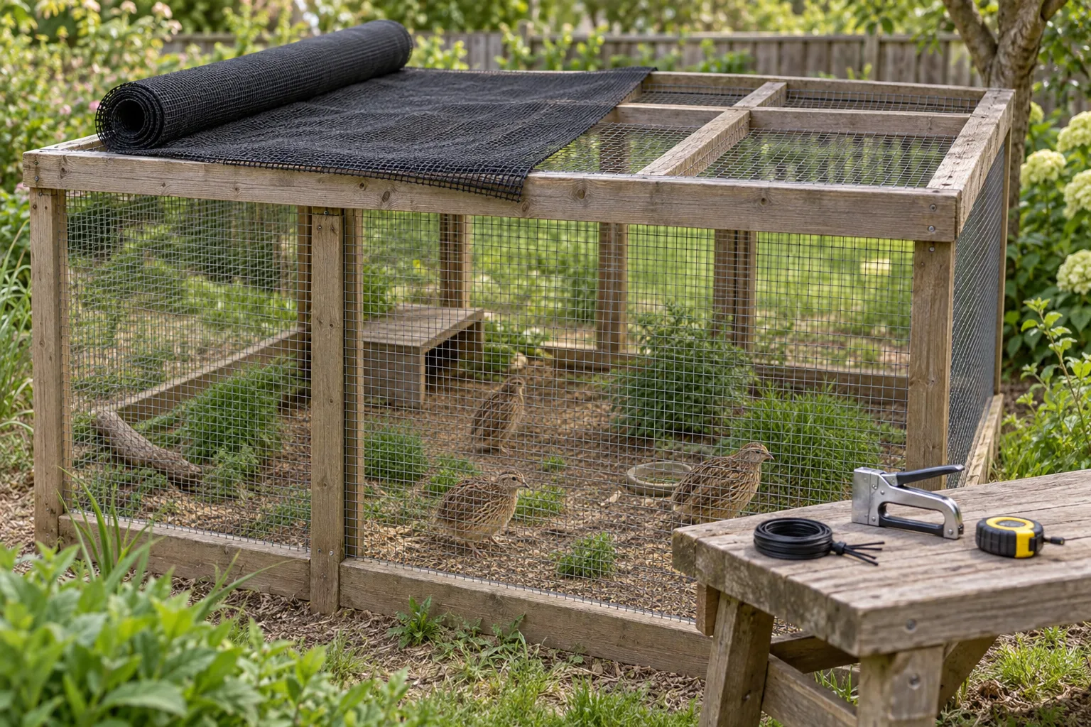 A plain black mesh netting half unrolled over the supported timber roof of a backyard quail aviary, with unbranded ties and a staple gun on a nearby bench and coturnix quail on the ground inside.