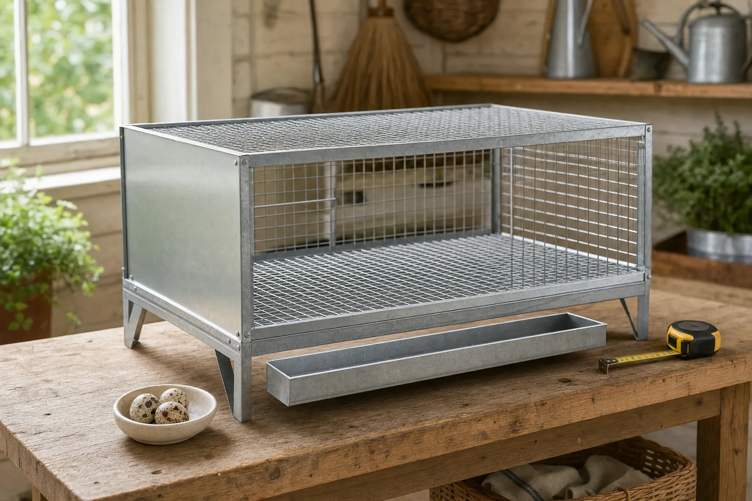 A plain elevated wire cage with a fitted square-mesh floor and a front collection tray holding three speckled quail eggs, on a wooden bench in a tidy shed.