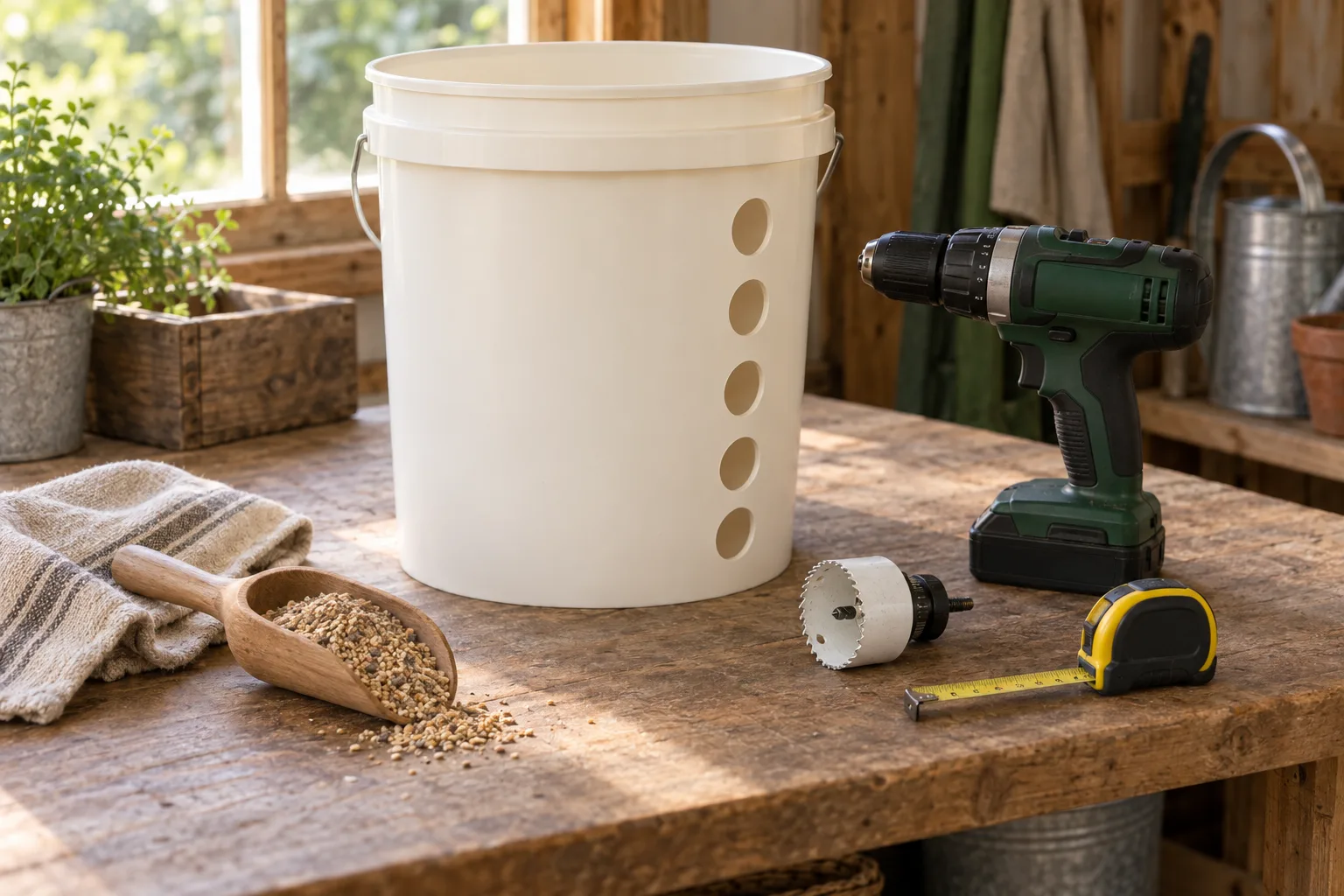 An empty plain cream plastic bucket with several clean round openings on a wooden workbench beside a cordless drill, hole saw, tape measure and a small scoop of crumble.