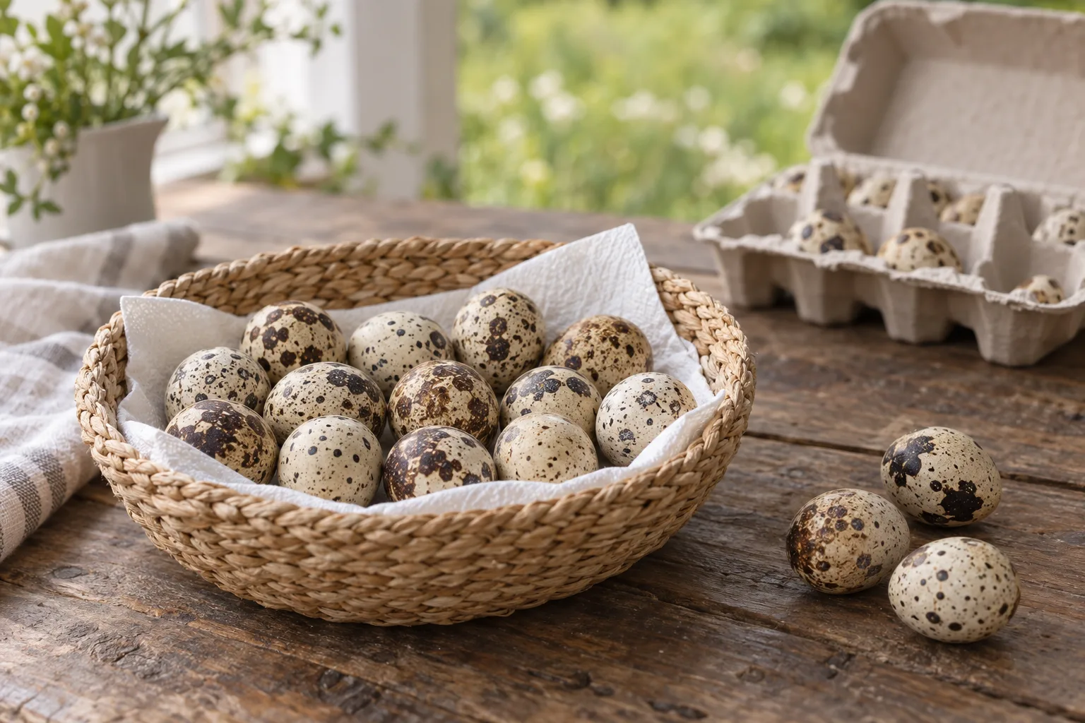 A shallow woven basket lined with a paper towel holding a single layer of speckled quail eggs on a wooden table in soft morning light.