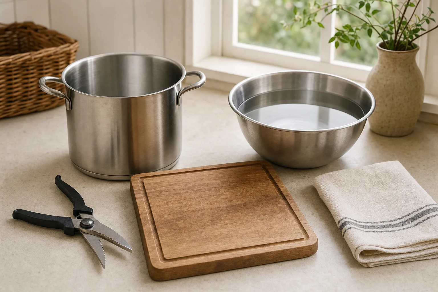 A tidy kitchen counter with an empty stainless steel pot, a wooden cutting board, kitchen shears, a bowl of rinse water and a folded towel, ready for scalding and plucking.