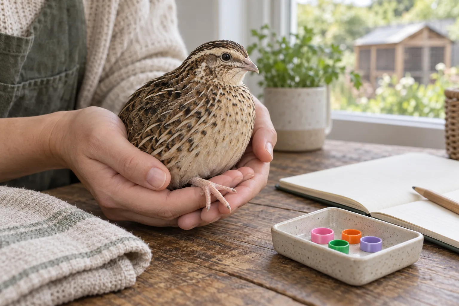 A plump brown coturnix quail resting calmly in cupped hands on a wooden table, with plain colored identification rings and a folded towel nearby, toes clear and visible.