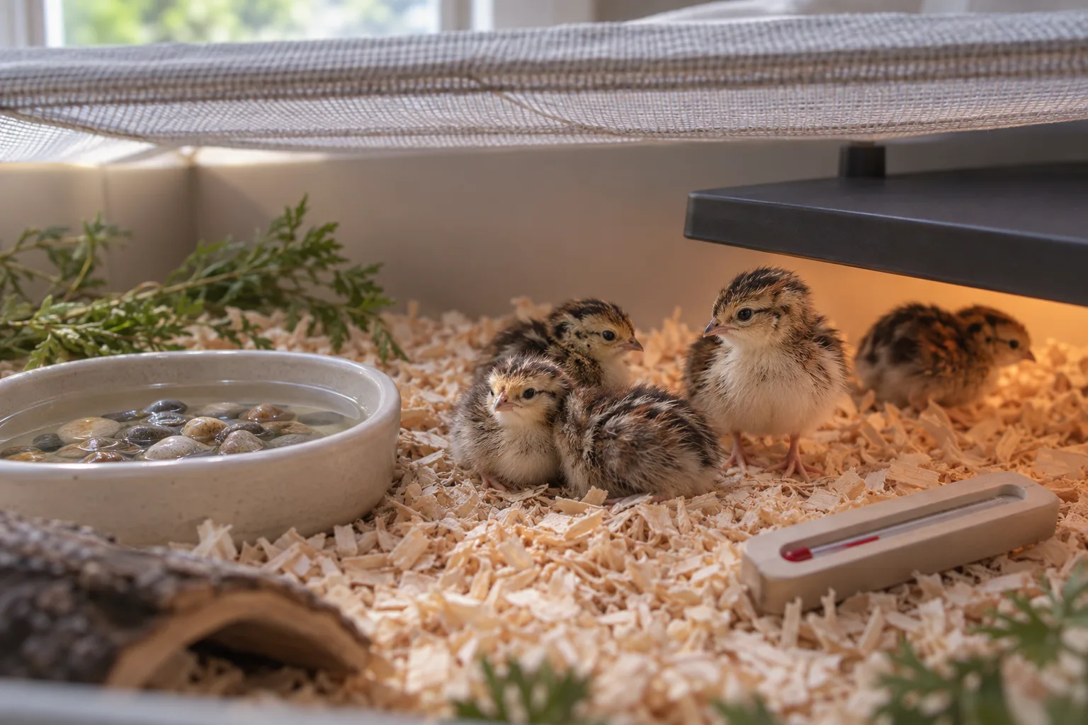 Tiny button quail chicks resting on pine shavings inside a brooder with a flat heat plate, a shallow water dish with pebbles, and a thermometer, lit by soft morning light.
