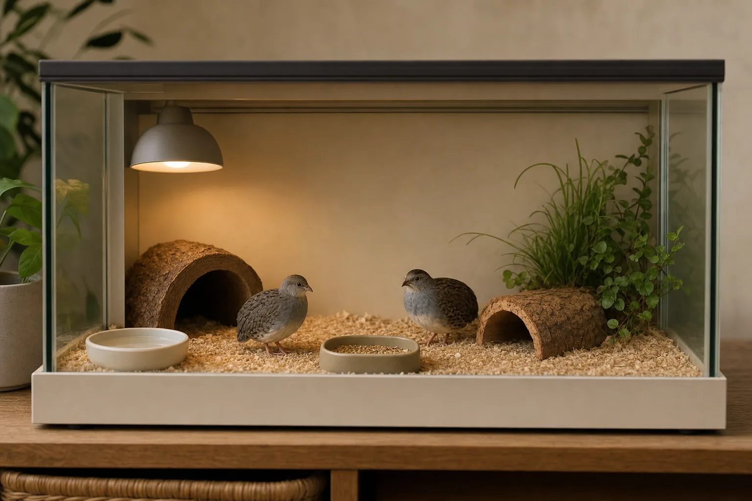 A tidy indoor glass-fronted enclosure set up for button quail, with dry soft substrate, a low feeder and water dish, small hides, a planted corner, and two tiny calm button quail standing near the floor.