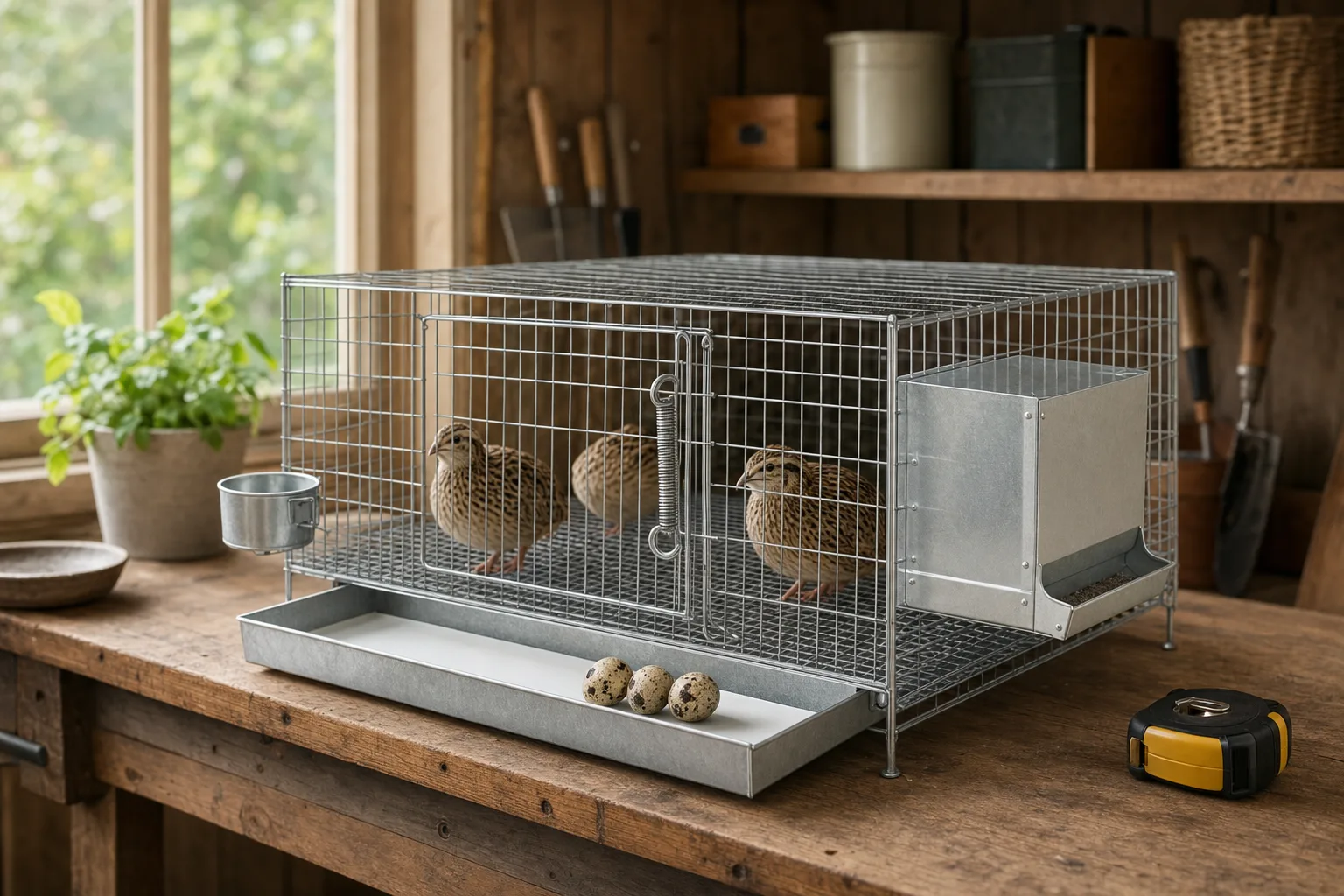 A plain galvanised wire cage set up on a bench in a shed, with three speckled quail eggs in a front collection tray and unbranded feed and water gear beside it.