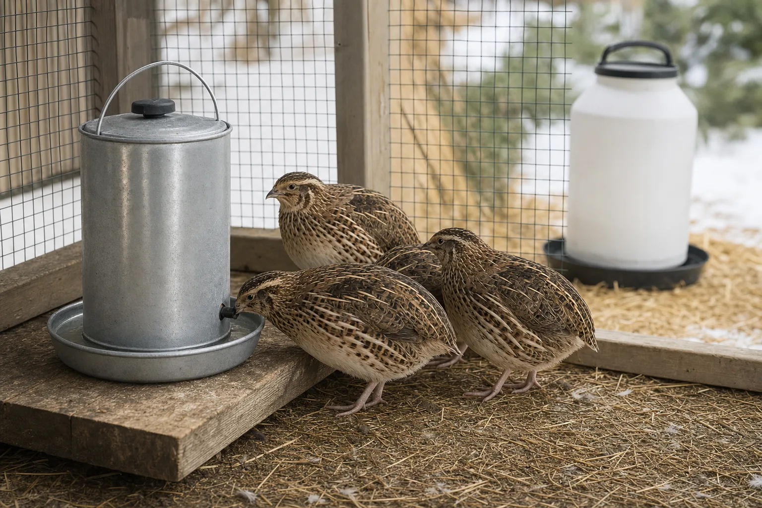 A plain unmarked waterer on a dry wooden platform in a sheltered wire quail run, with plump adult coturnix quail gathered near the drinker in soft winter morning light.