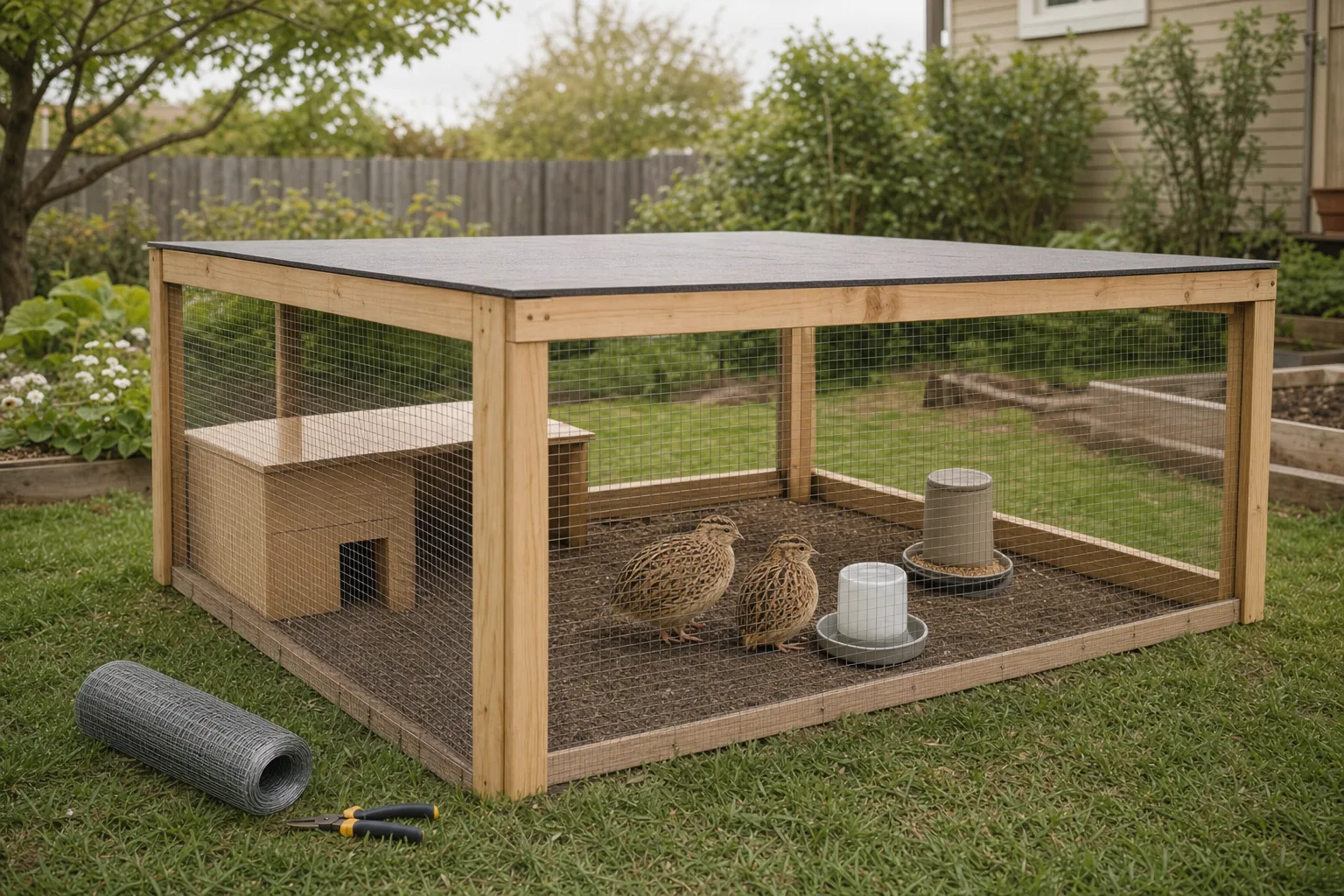 A ground-level outdoor quail aviary being set up in a backyard, with a wooden frame, wire mesh, a weatherproof cover, low shelter, and a feeder and waterer on the open pen floor.