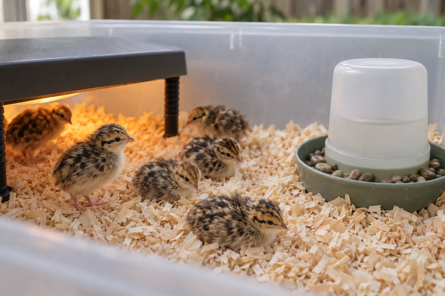 Newly hatched speckled quail chicks settling on pine shavings beside a flat unmarked heat plate and a shallow chick waterer with pebbles in an unlabelled brooder tub.