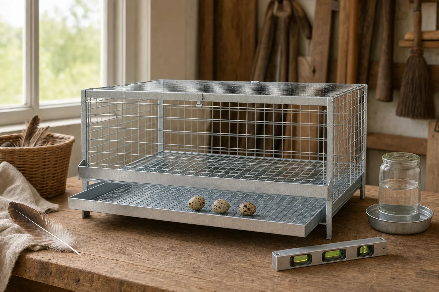 A freshly assembled plain galvanised wire quail cage on a wooden workbench in a tidy shed, with three speckled quail eggs in its front collection tray and a spirit level beside it, lit by soft window light.
