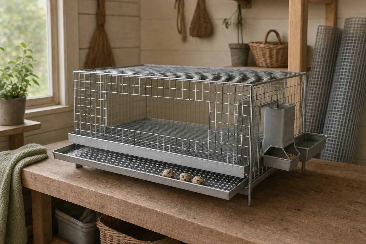 A plain unbranded wire quail cage on a wooden workbench in a tidy shed, with speckled quail eggs in its front collection tray and an unbranded feeder and waterer set up beside it.