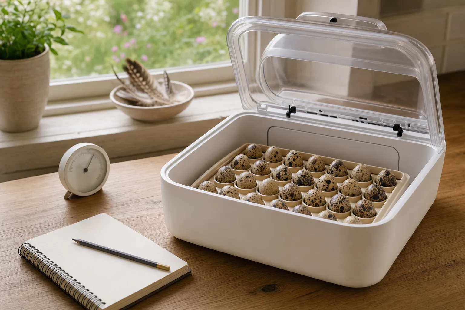 An open white countertop incubator with a fitted egg-turning tray holding small speckled quail eggs in round cups, on a wooden kitchen table with a hygrometer and notebook beside it.