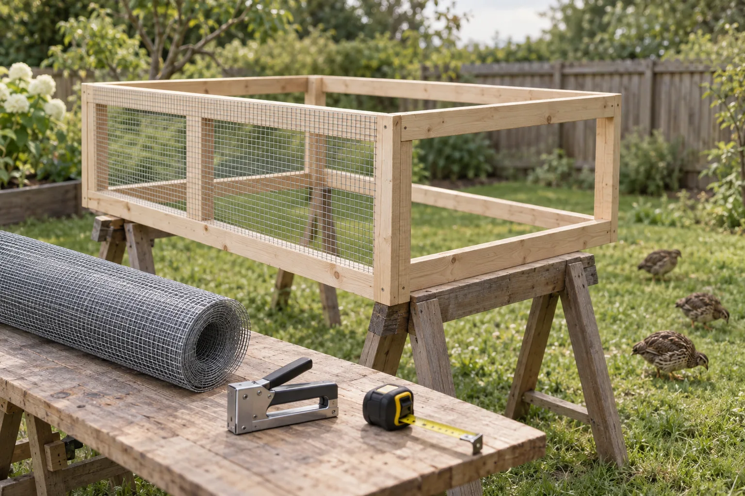 A half-built wooden ground-pen frame on sawhorses in a backyard with a roll of mesh, a staple gun and a tape measure beside it.
