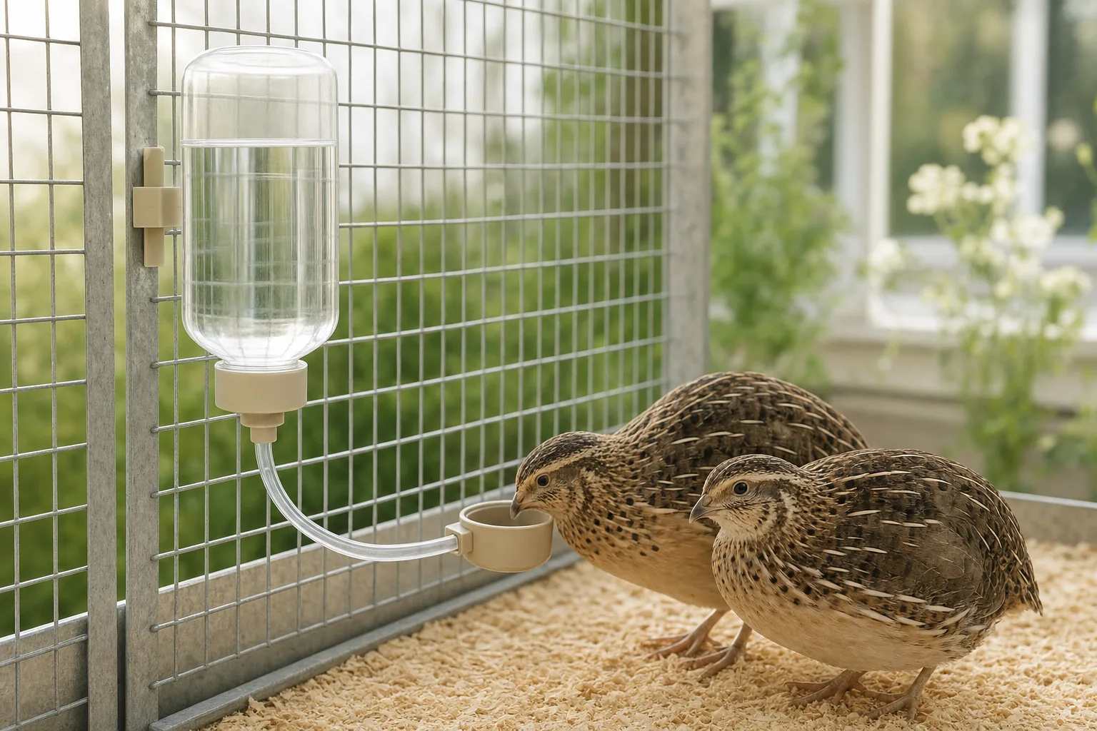 A clear unbranded reservoir bottle mounted on a small wire quail cage feeds water through a line to a reachable drinking cup, with adult coturnix quail nearby.