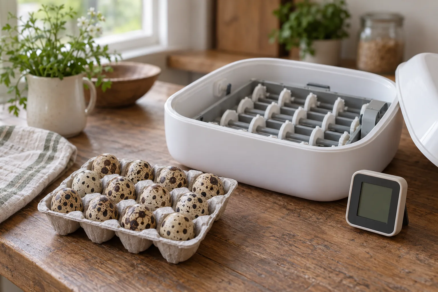 A small foam tray of tiny speckled button-quail eggs rests beside an open, unbranded countertop incubator on a kitchen table, with a small hygrometer nearby.