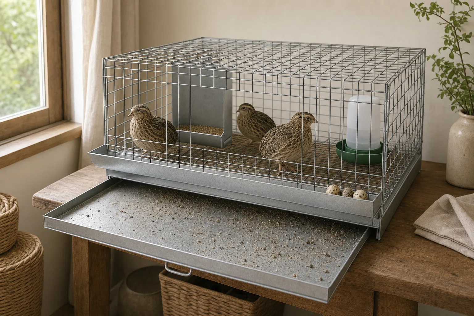A plain galvanised wire quail cage on a wooden bench indoors, with a partly pulled-out waste tray, a feeder and water drinker inside, and three speckled quail eggs in the front collection tray.