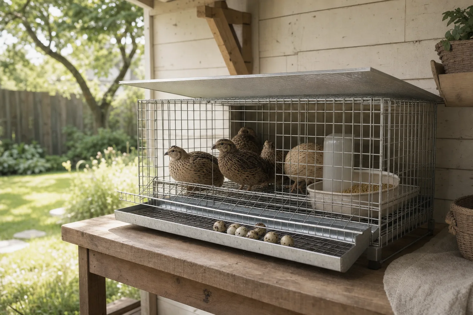 A plain wire quail cage set up on a wooden bench under a covered shed porch, with speckled quail eggs in a shallow front tray and shade over one end.