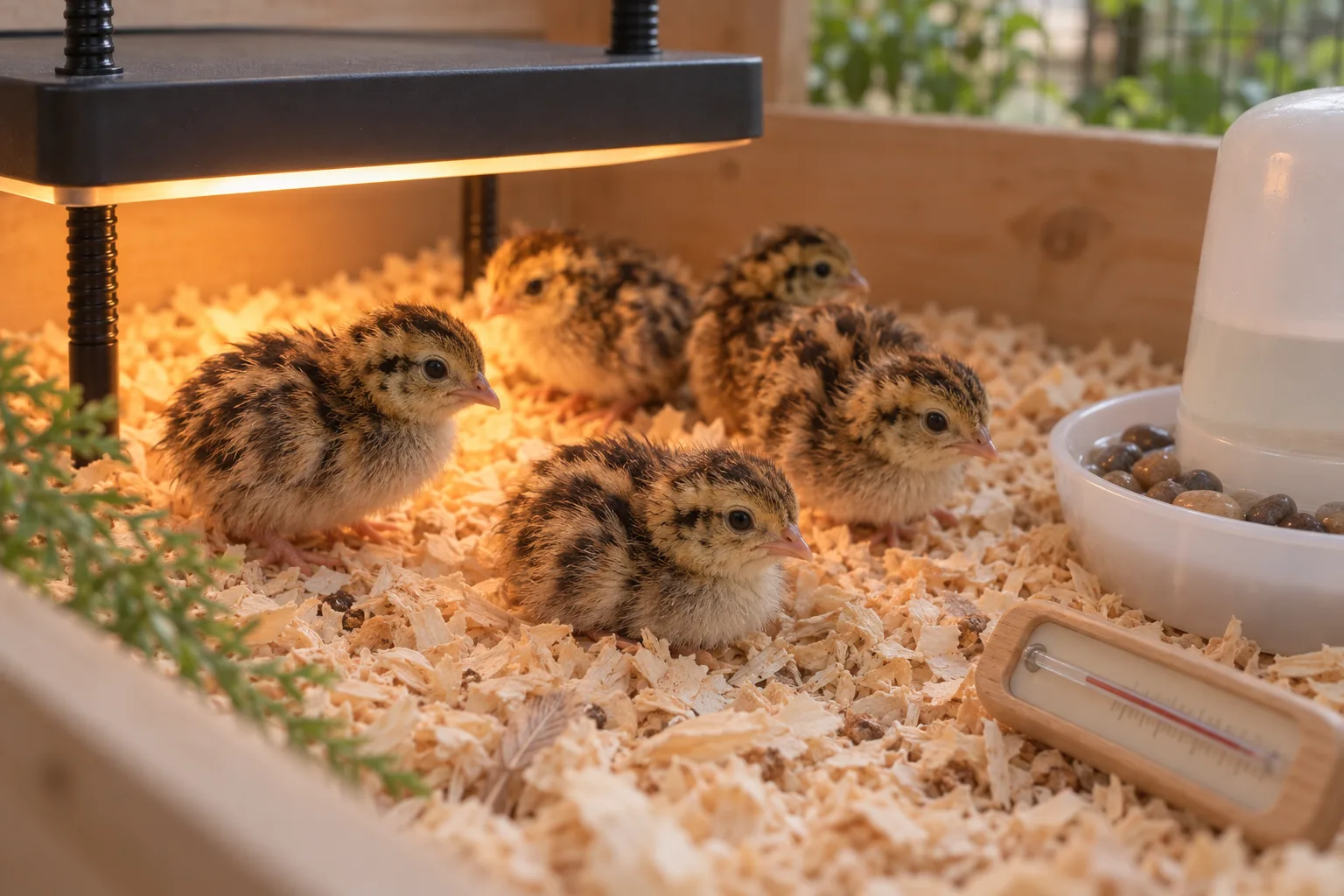 Plump brown-speckled coturnix chicks resting on pine shavings near a shallow waterer under the warm glow of a plain flat heat plate.