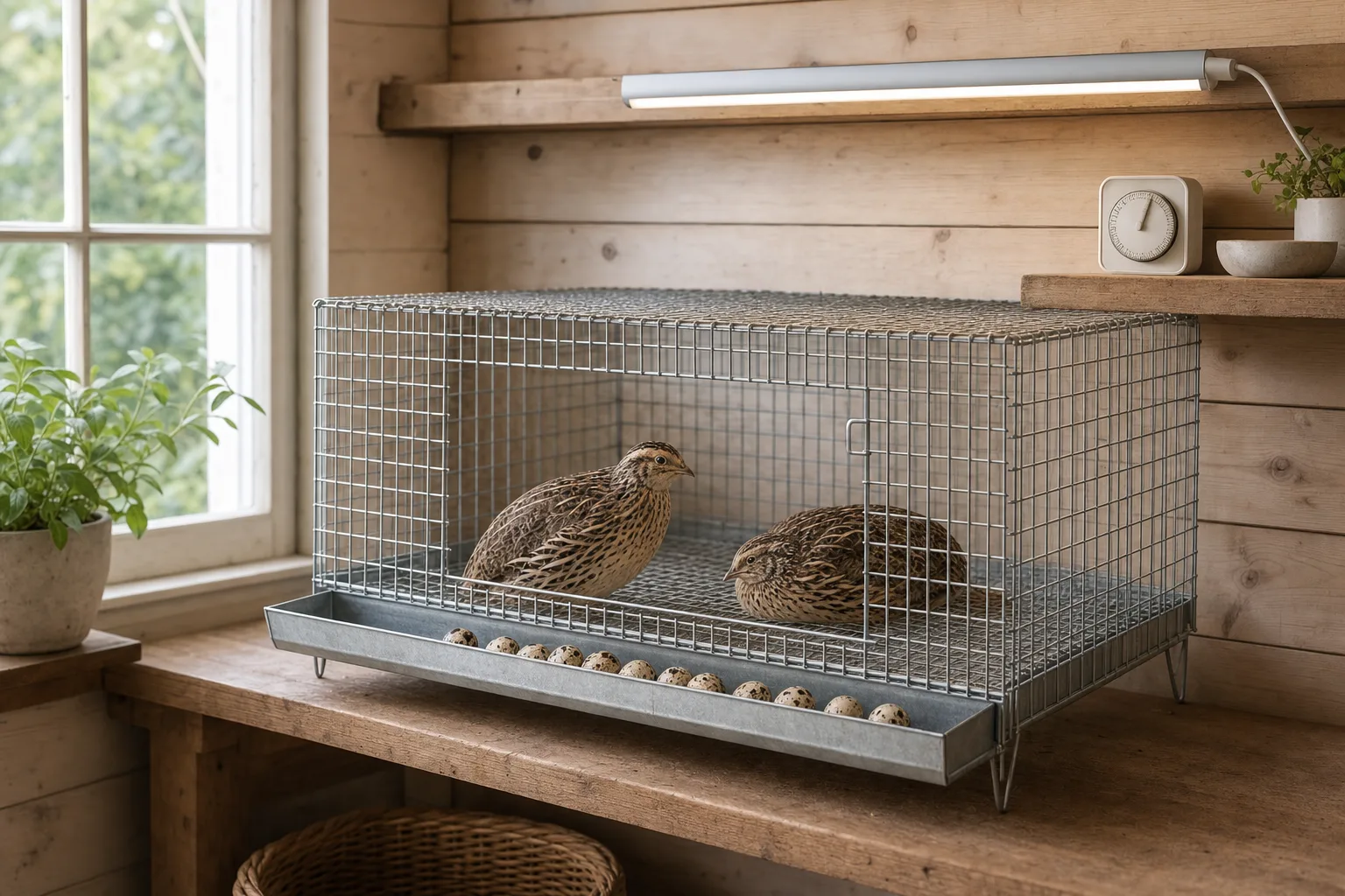 A calm coturnix quail cage in a tidy shed with an unbranded LED lamp and small timer mounted above it, soft morning light.