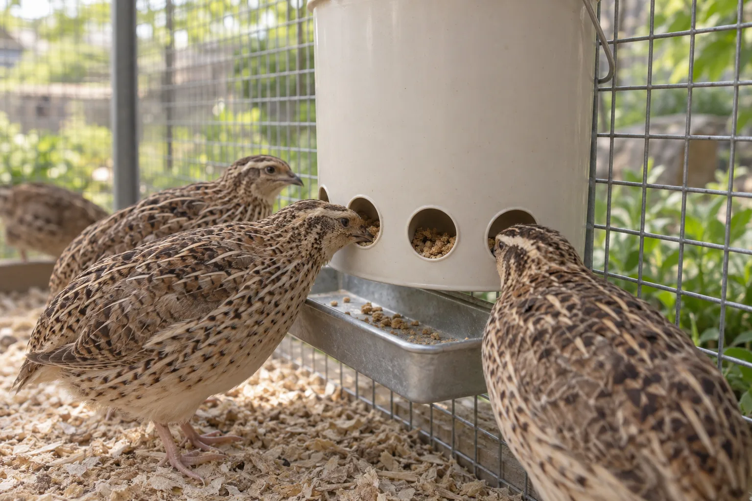 Adult brown-speckled Coturnix quail reaching through the circular ports of a plain unbranded bucket feeder mounted outside a wire cage, with a shallow catch tray below.