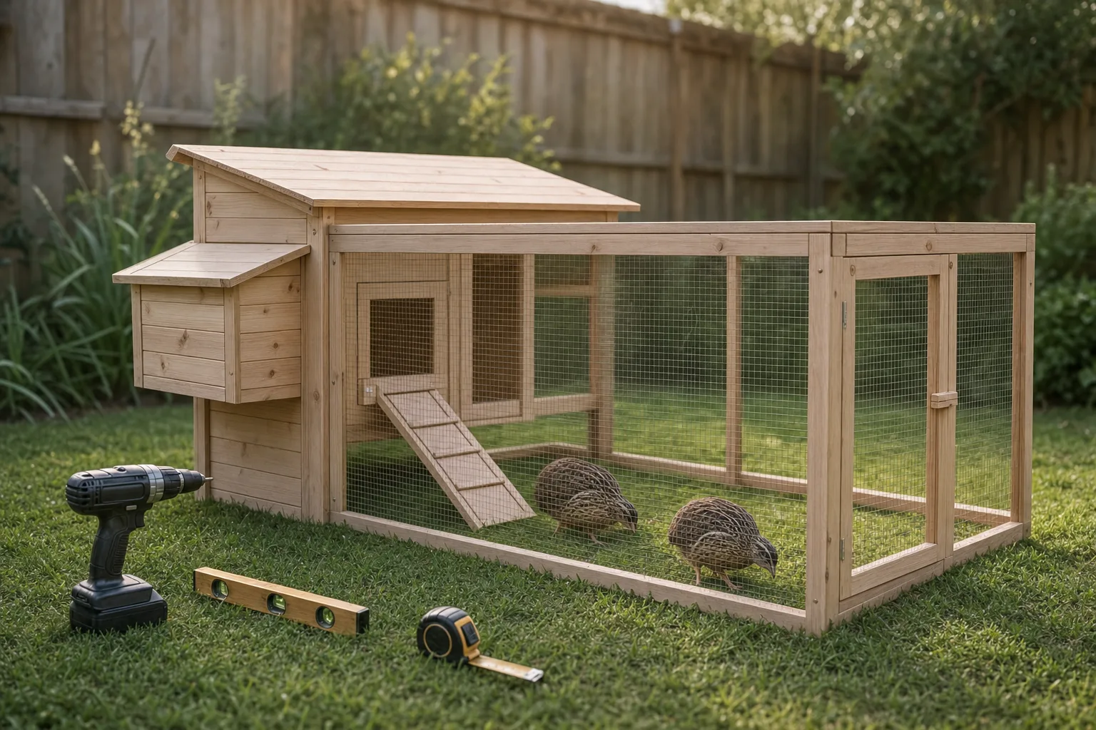 An unpainted wooden coop-and-run enclosure in a backyard with a drill, level and tape measure on the grass beside it, under soft morning light.