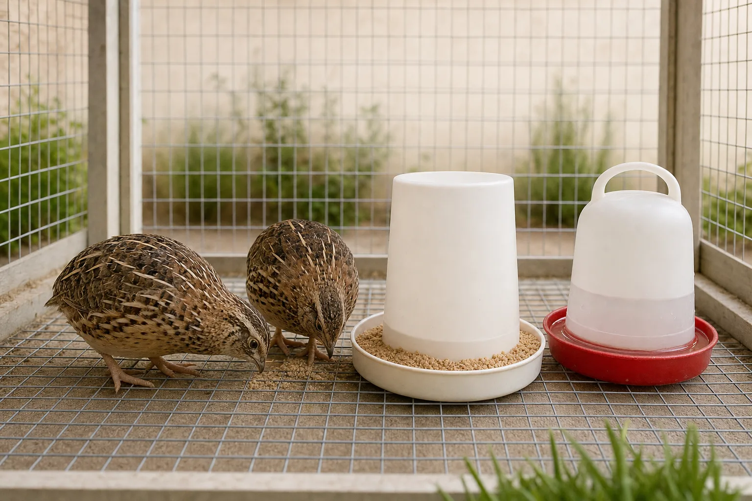 Two brown-speckled coturnix quail pecking calm feed crumble beside a plain white gravity feeder and an unbranded red-and-white waterer in a tidy wire cage.
