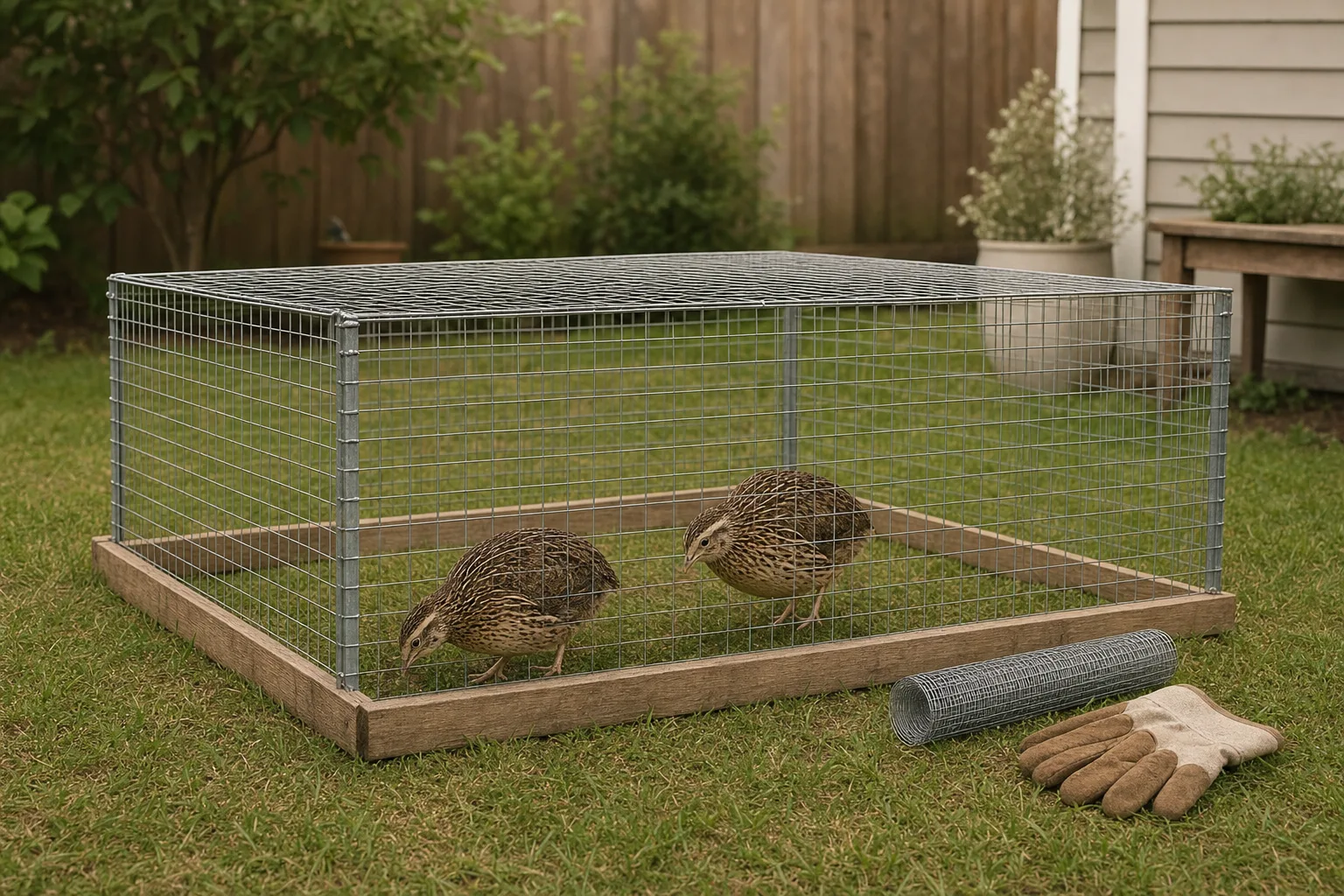 A galvanised wire-run enclosure on backyard grass with a coil of repair mesh and gloves beside it, two brown coturnix quail pecking calmly inside.