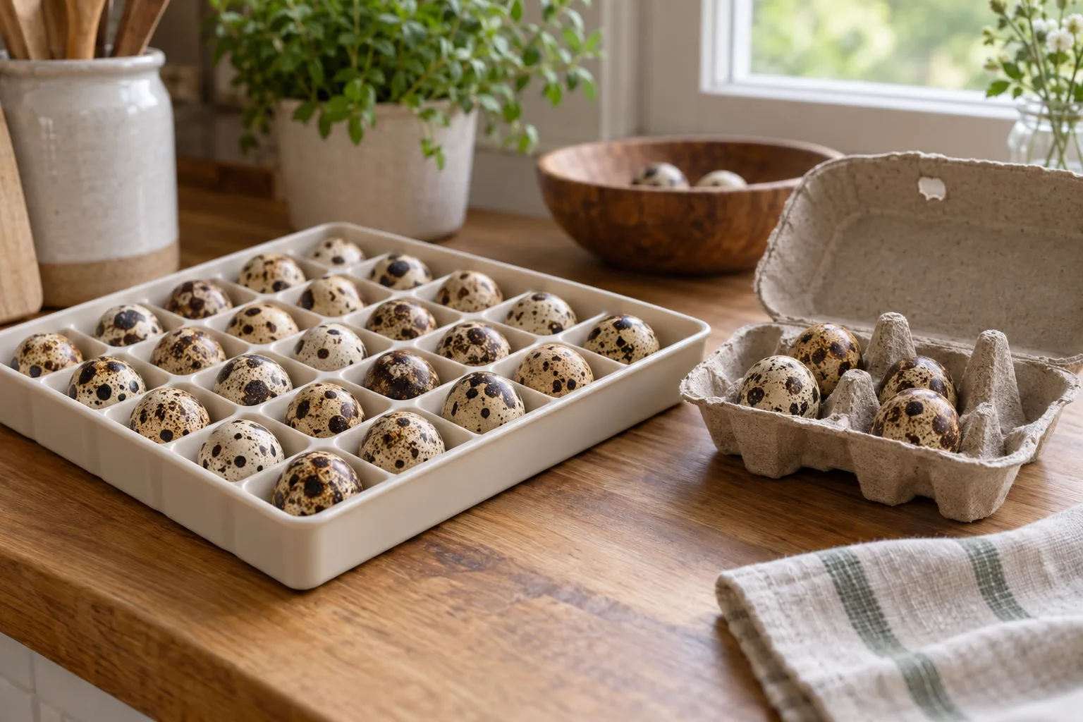 Small speckled quail eggs settled snugly in a plain open storage tray on a kitchen counter beside a paper egg carton, with soft morning light.