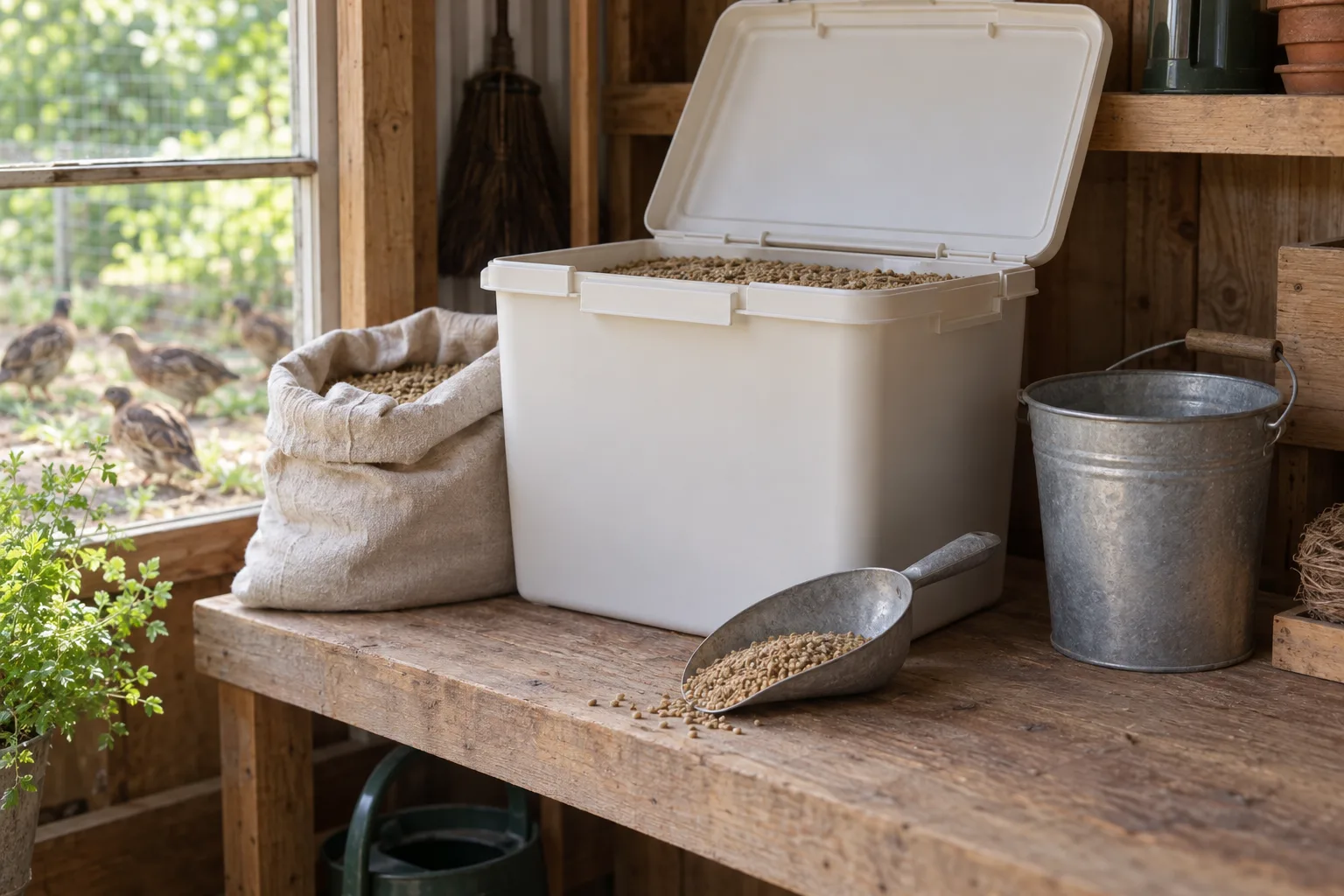 A plain open feed storage bin on a wooden shelf in a dry shed, with a galvanised scoop of game bird crumble and a small daily-use bucket beside it.