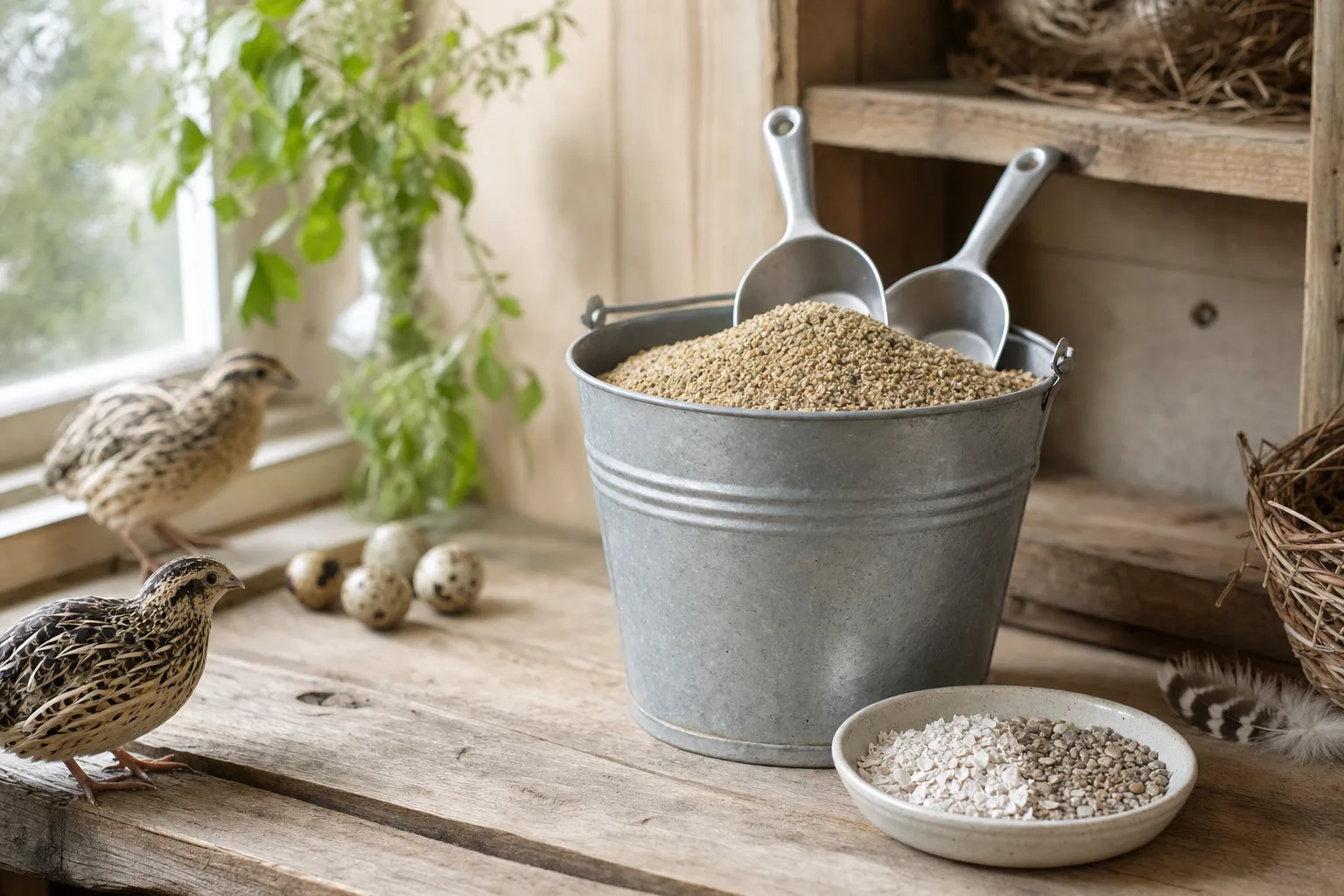A galvanised bucket holding a scoop of game-bird crumble, beside a small dish of oyster shell and grit on a rustic shed shelf, with plain metal scoops ready for mixing.