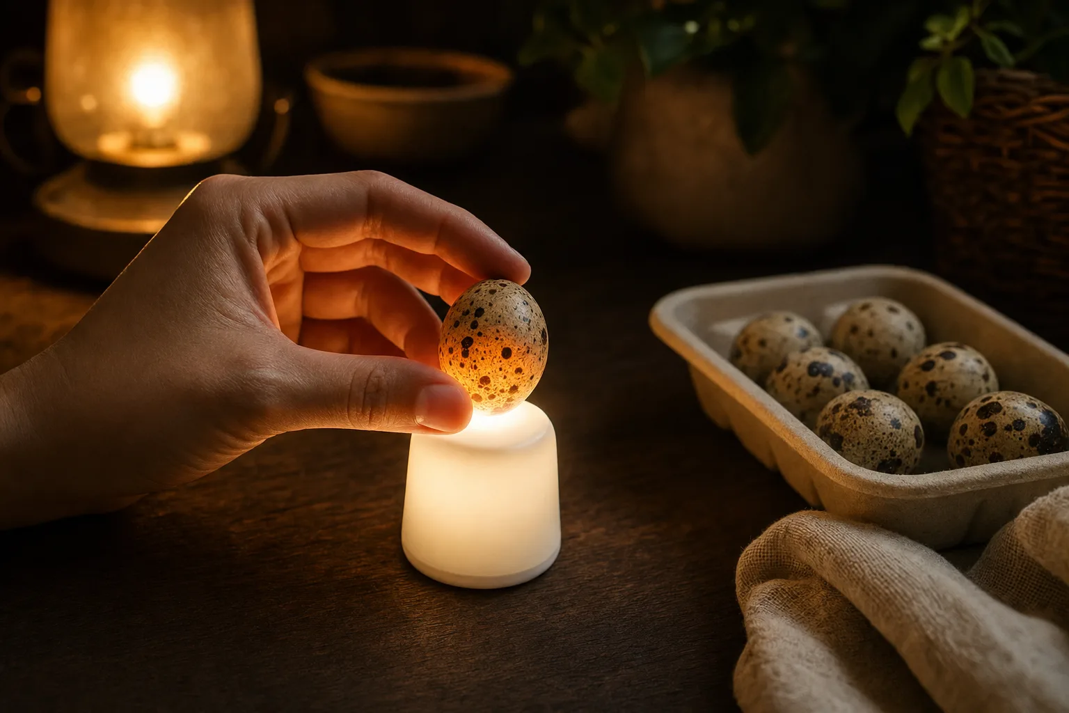 A hand holding one speckled quail egg over a small bright hand-held light so its shell glows softly, with more speckled quail eggs resting on a tray in a dim kitchen.