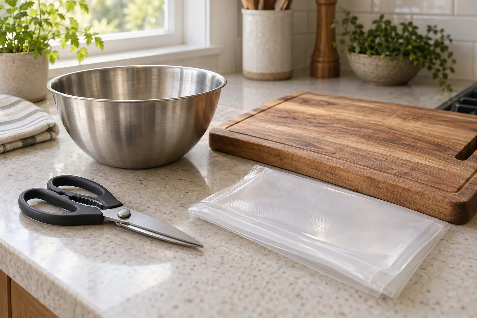 A tidy kitchen counter with a stainless steel bowl, a wooden cutting board, a pair of plain kitchen shears, and a folded storage bag arranged under soft window light.