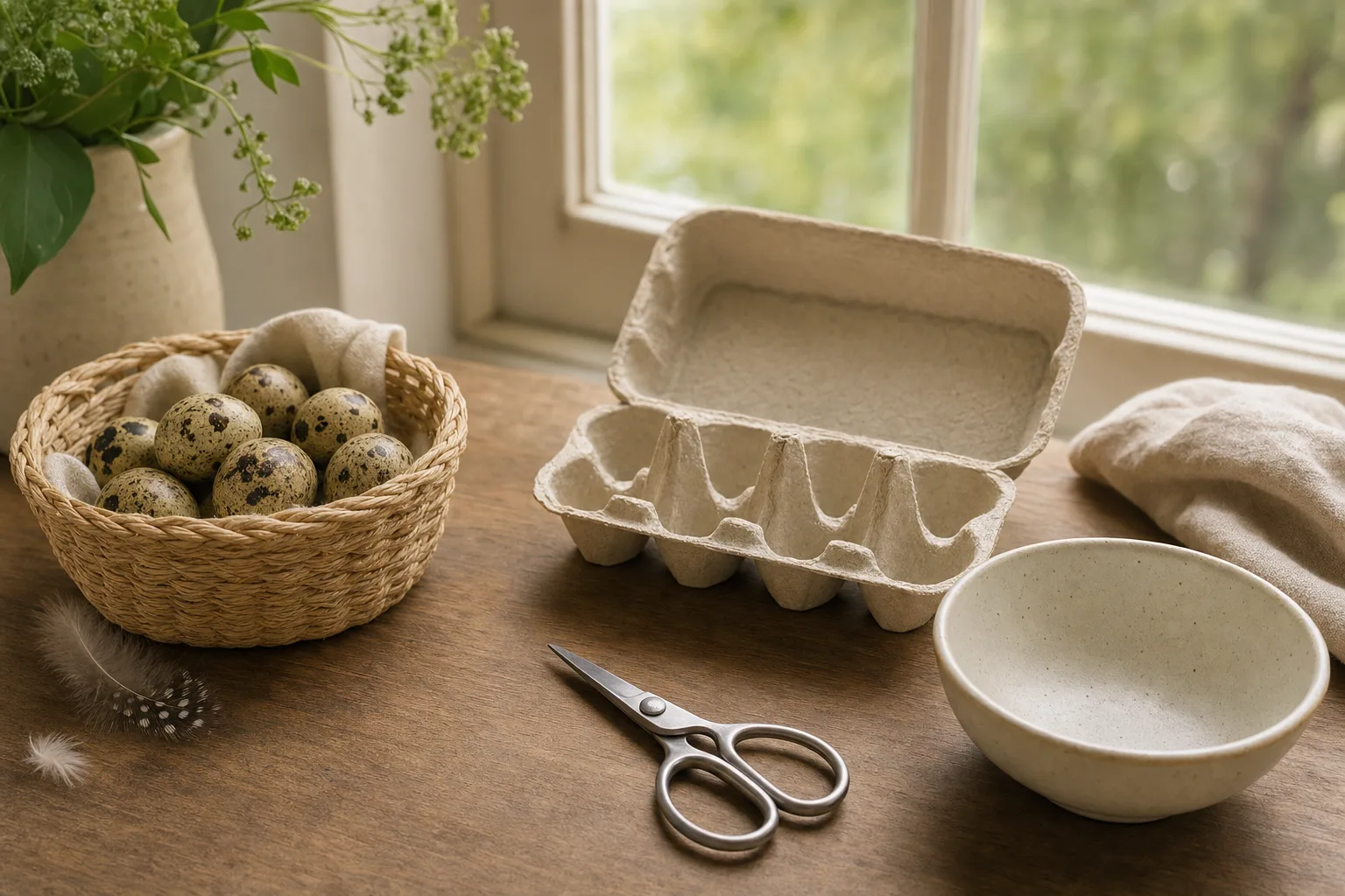 A small basket of speckled quail eggs on a wooden table beside an open paper egg carton, a plain pair of scissors, and an empty ceramic bowl in soft morning light.