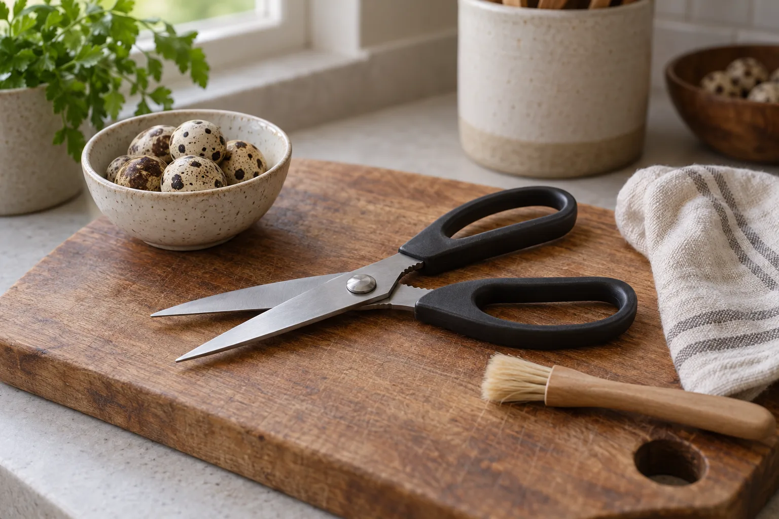 A plain unbranded pair of kitchen shears with a cloth and small brush on a wooden cutting board, and a bowl of speckled quail eggs, on a clean kitchen counter.